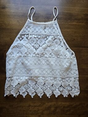 Lace Crop Top Women’s Large White Boho Crochet Tank